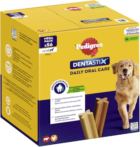 Pedigree DentaStix Daily Oral Care Zahnpflegesnack für große Hunde (+25kg), 56 Stück (1 Packung) – Hundeleckerlis mit Huhn– & Rindgeschmack für jeden Tag, für gesunde Zähne von PEDIGREE