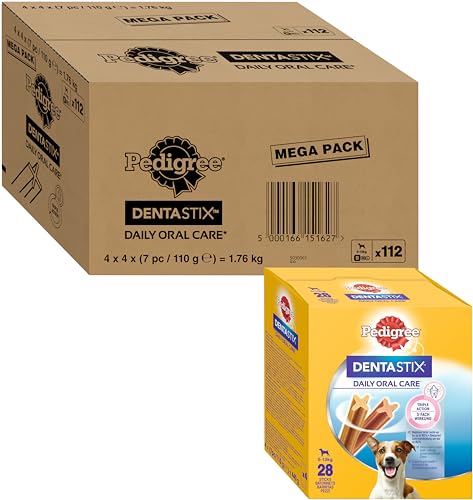 Pedigree DentaStix Daily Oral Care Zahnpflegesnack für kleine Hunde (5–10kg), 112 Stück (1 Großpackung) – Hundeleckerlis mit Huhn– & Rindgeschmack für jeden Tag, für gesunde Zähne von PEDIGREE