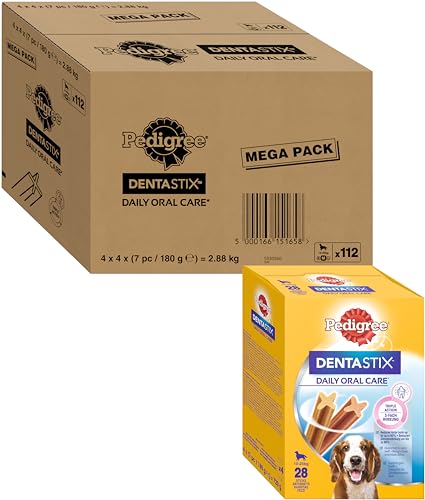 PEDIGREE DentaStix Zahnpflegesnack - 112 Stück - für mittelgroße Hunde (10–25kg) – Hundeleckerli mit Huhn– & Rindgeschmack für jeden Tag, Zahnpflege Hund für gesunde Zähne - 1 Großpackung von PEDIGREE