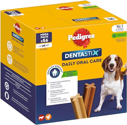 Pedigree DentaStix Daily Oral Care Zahnpflegesnack für mittelgroße Hunde – Hundeleckerli mit Huhn- & Rindgeschmack für jeden Tag – 1 x 56 Stück von PEDIGREE