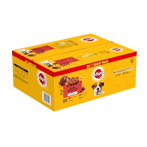 PEDIGREE | Gemischte Selektion in Gelee | 4 Varietäten mit Huhn, Rind+Leber, Geflügel, Lamm+Leber | 80x100g von PEDIGREE