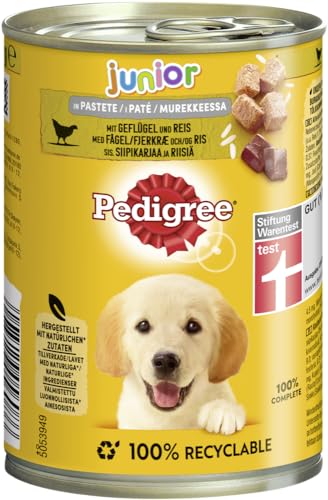 Pedigree Hundefutter Nassfutter Junior Geflügel & Reis in Pastete, 12 Dosen (12 x 400g) von PEDIGREE