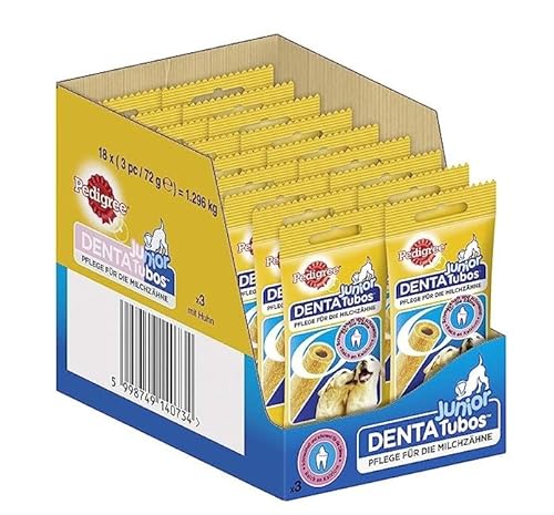 Pedigree Junior Hundesnack Dentatubos für die Milchzähne, reich an Kalzium, 54 Stück (18 x 3 Stück) Für alle Rassen von PEDIGREE