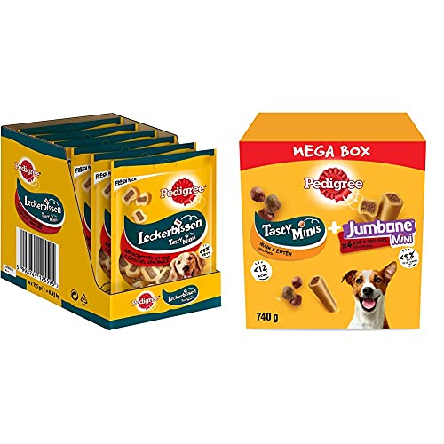 Pedigree Leckerbissen Kau-Schnitten – Kleine Hundesnacks mit Rind, 6 x 155g & Hundesnacks Mixpack für kleine Hunde mit Leckerbissen Ente & Huhn (4 Stück), 740g von PEDIGREE