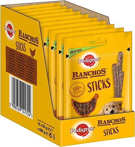 Pedigree Ranchos Sticks – Weiche Hundesnacks mit Huhn – Ideal für kleine und große Hunde – 10 x 60 g von PEDIGREE