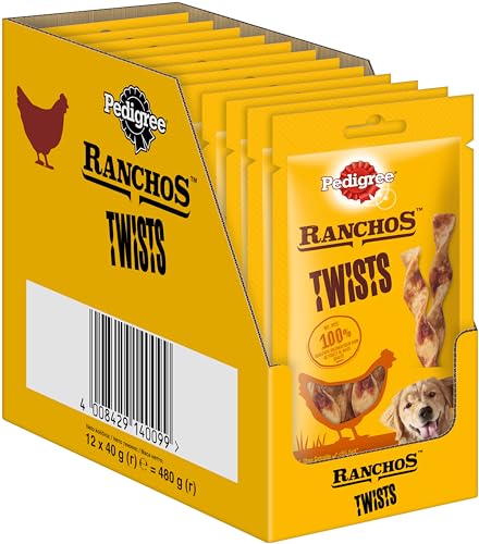 Pedigree Ranchos Twists – Weicher Hundesnack mit Huhn – Schonend getrocknet – Ideal für kleine und große Hunde, 12 x 40g von PEDIGREE