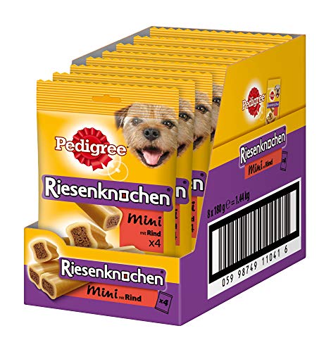 PEDIGREE Riesenknochen Mini – Hundeleckerli mit Rind – Ideal als Belohnung für kleine Hunde – 8 x 180g im Multipack mit je 4 Knochen von PEDIGREE