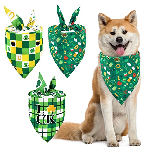 PEDOMUS Halstücher für Hunde St. Patrick's Day, doppelseitig, gestreift, grün, kariert, irisches Kleeblatt, Dreieckstuch für kleine, mittelgroße und große Hunde, Katzen, 3 Stück von PEDOMUS