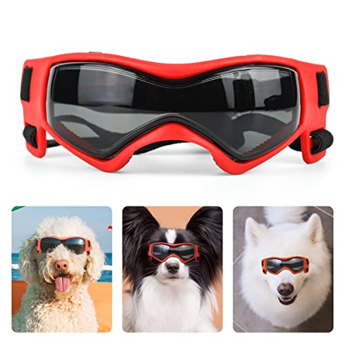 PEDOMUS Hunde Sonnenbrille Verstellbarer Windschutzscheibe Riemen für UV Sonnenbrillen Wasserdichter Schutz für kleine Hunde Rot von PEDOMUS