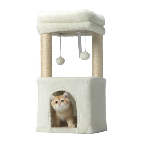 PEEKAB Kleiner Kratzbaum mit Höhle bis zu 3,6 kg, Katzen-Turm mit Kratzbaum und Sitzstange für Kätzchen und kleine Katzen, baumelnder Ball, Beige von PEEKAB