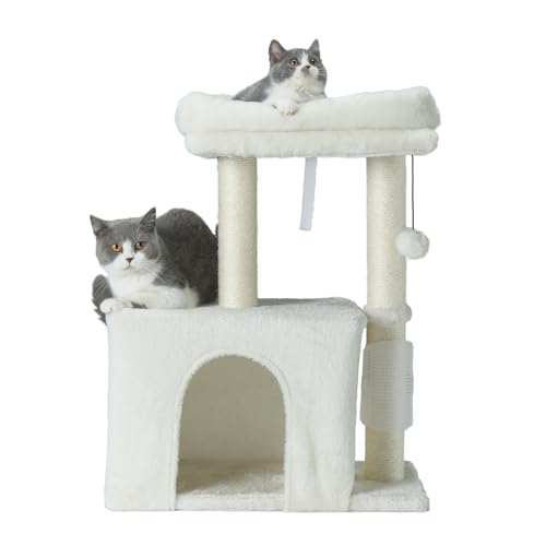 PEEKAB Kleiner Kratzbaum mit Höhle und Sitzstange für Katzen und Kätzchen, mit baumelnder Massagebürste, Beige von PEEKAB