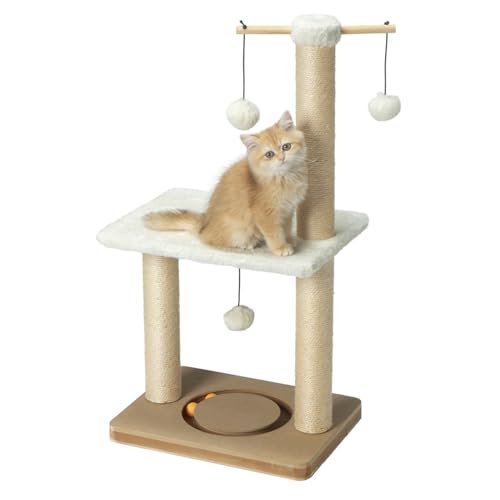 PEEKAB Kratzbaum für Katzen, 78,7 cm hoch, Sisal-Kratzbäume mit Sitzstange, interatcives Spielzeug, vertikaler Kratzbaum für Katzen und Kätzchen, drei hängende Bälle, Selbstmassagebürste, Beige von PEEKAB