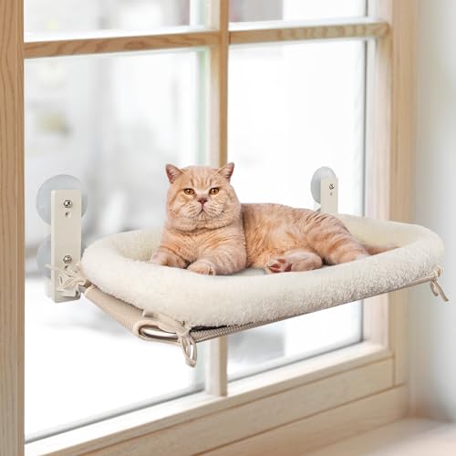 PEFUNY Cordless Folding Katze Fenster Barsch, Katze Hängematte für Fenster und Wand, mit 4 Saugnäpfen, robuste Setal Rahmen für Glasfenster und Innenwände (Weiß mit Bett groß) von PEFUNY