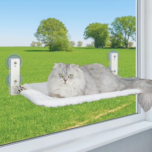 PEFUNY Cordless Folding Katze Fenster Barsch, Katze Hängematte für Fenster und Wand, mit 4 Saugnäpfen, robuste Setal Rahmen für Glasfenster und Innenwände (weiß groß) von PEFUNY