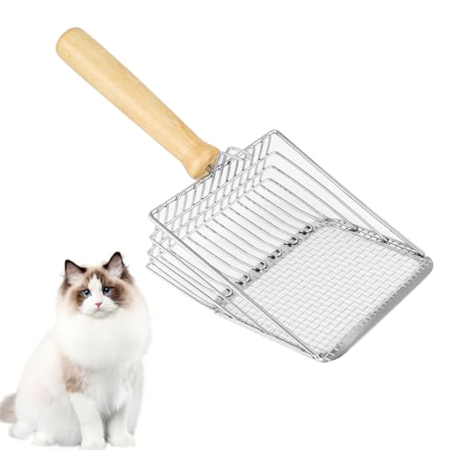 PEGRAUFC Katzenklo Schaufel,Katzenstreuschaufel aus Metall, Katzenstreu Schaufel Mit Bequemlichkeit Holzgriff, Sand Leckage Abstand 7mm, Litter Box Scoop, Katzenzubehör, Katzenschaufel Für Katzenklo von PEGRAUFC