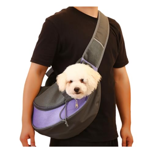 Pet Dog Sling Carrier, Hand Free Drawstring Dog Papoose with Adjustable Strap, Breathable Mesh Bag for Puppy Cat, Crossbody Satchel Dog Purse with Pocket for Outdoor Travel, Light Blue (violet, Small) von PEIFUKO