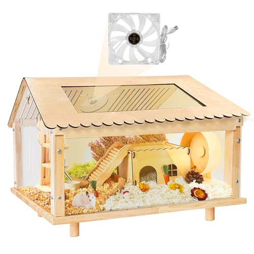 PEJOYT Hamsterkäfig aus Holz – 61 cm Meerschweinchenkäfig durchsichtiger Kleintierkäfig mit offenem Oberteil, Holzrahmen mit Acrylplatte und USB-Ventilator von PEJOYT