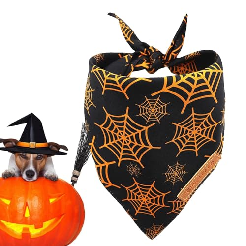 PEKMAR Kürbis-Hunde-Bandana,Doppellagiges Katzen-Bandana-Halsband - Kätzchen Halloween Spinnennetz Bedruckter Dreiecksschal, Kürbis Bedruckte Halloween Schals für Haustierbedarf von PEKMAR