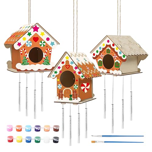 PEKMAR Vogelhaus-Bastelarbeiten für Kinder | Weihnachts-Bastelhaus-Set für Heimdekoration | Unvollendete Bastelhaus-Vogel-Windspiele mit 12 Farben, 2 Pinseln, 2 Schnüren und 3 Liebesholzspänen von PEKMAR