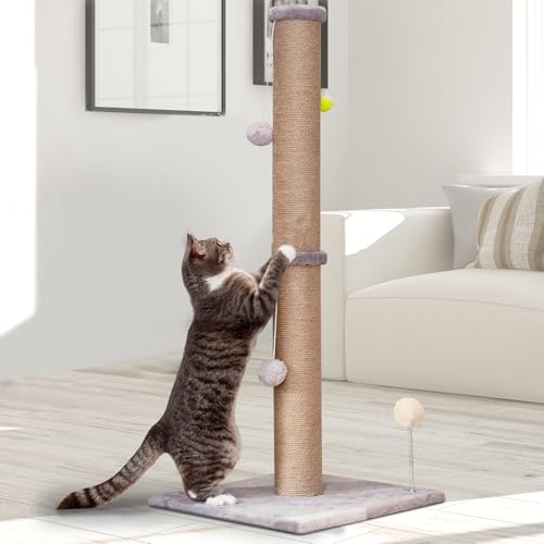 PELUOMOZ Kratzbaum für Indoor-Katzen, 91,4 cm hoch, mit natürlichem Sisalseil, 8,6 cm Durchmesser, Kratzbaum, Kätzchen, interaktives Spielzeug (grau) von PELUOMOZ