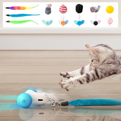 PEMOO Interaktives Katzenspielzeug für Indoor-Katzen, 2-Gang-Katzen-Maus-Spielzeug mit LED-Rädern, wiederaufladbar, lindert Bewegungsmangel für Katzen und Kätzchen, mit 13 Spielzeuganhängern von PEMOO