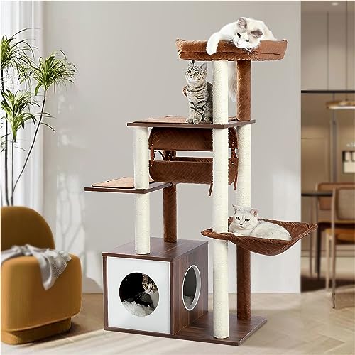 PEQULTI 130 cm moderner Katzenbaum Premium 6 Ebenen Holz Katzenturm mit voll Sisal bedeckten Kratzstämmen, gemütliche Wohnung, super große Hängematte und Schaukeltunnel für Indoor-Katzen, braun von PEQULTI