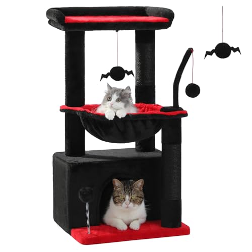 PEQULTI 4-in-1 Gothic-Katzenbaum, 83 cm, Katzenturm für Indoor-Katzen mit großer Katzenhütte, Katzenkratzbaum für Katzen mit tiefer Hängematte und gemütlicher Sitzstange, Schwarz von PEQULTI