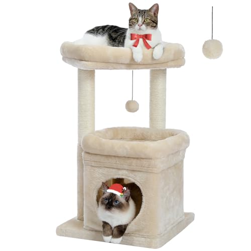 PEQULTI Katzenbaum, mehrstöckiger Katzenturm mit Sisal überzogenem Kratzbaum, gemütliche Katzenhöhle und große Katzenstange für Indoor Katzen von PEQULTI