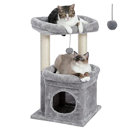 PEQULTI Katzenbaum, mehrstufiger Katzenturm mit Sisalbezogenem Kratzbaum, gemütliche Katzenhöhle und große Katzenstange für Indoor-Katzen von PEQULTI