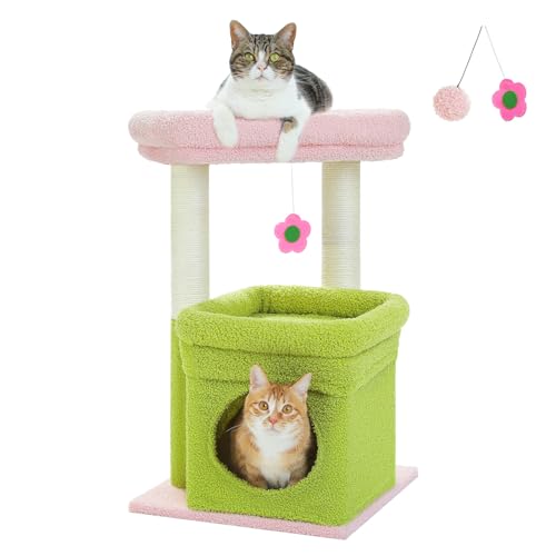 PEQULTI Katzenbaum Blume Katzenturm für Indoor-Katzen mit privater gemütlicher Katzenhütte, natürliche Sisal-Kratzbäume und Plüsch-Pom-Pom für kleine Katzen, Rosa von PEQULTI