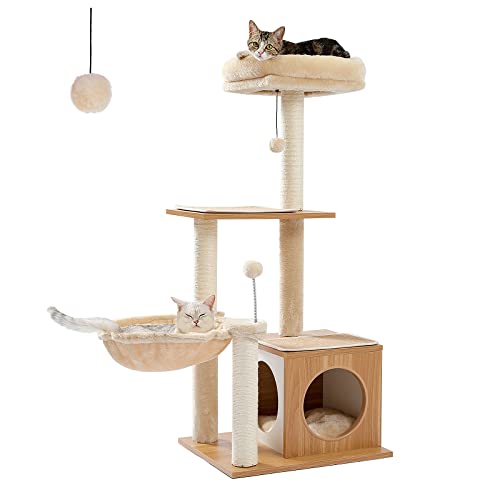 PEQULTI Katzenbaum für Indoor-Katzen, 107 cm, moderner Katzenturm, mehrstöckiges Katzenspielhaus mit Sisal-Kratzstämmen, geräumige Hängematte, gemütliche Sitzstange und baumelnde Bälle von PEQULTI