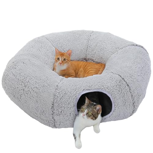 PEQULTI Katzentunnel mit Katzenbett für Indoor-Katzen, Katzenspiel Donut-Tunnel mit waschbarer weicher Plüschmatte, rundes Katzentunnel-Spielzeug, niedliches Katzenrohr für Kätzchen, Welpen, Kaninchen von PEQULTI