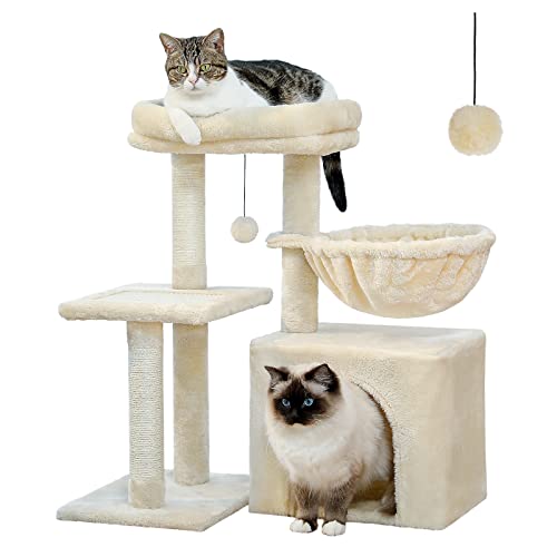 PEQULTI Kleiner Katzenbaum, 71,1 cm, Katzenturm für Indoor-Katzen, 2 Stile, Katzen-Aktivitätsbaum mit Kratzstämmen, großer Hängematte und abnehmbarer Sitzstange, Beige von PEQULTI