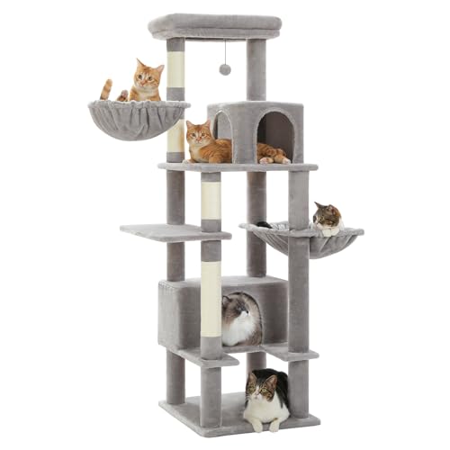 PEQULTI Kratzbaum für Indoor-Katzen, großer Erwachsenen-Kratzbaum mit Sisalüberzug, super große Metall-Hängematte (50,8 x 30,5 cm) und 2 große Höhlen, Grau von PEQULTI