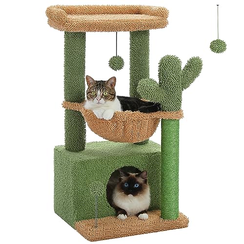 PEQUTLI 4 in 1 Kaktus Kratzbaum 33 Zoll für Indoor Katzen mit Große Katzenhütte Katzenkratzbaum Tief Hängematte & Gemütliche Sitzstange Grün von PEQULTI