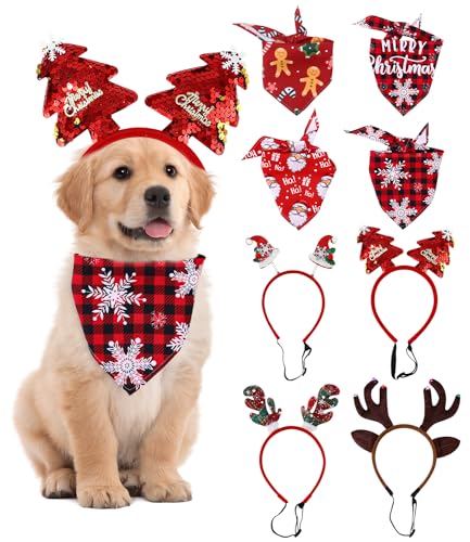 4pcs hundehalstuch Weihnachten und 4pcs haarreif Weihnachten, weihnachtskostüm Katze Hunde, weihnachtshaarreifen Hunde Katze, Geschenke für Hunde, Weihnachten Haustier Halstuch für Hunde und Katze von PERMUST