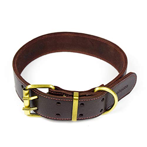 PESHOUCO Hundehalsband aus echtem Leder, Legierung, D-Ring-Halsband, langlebig, doppelte Dornschließe, Haustier-Halsbänder für mittelgroße und große Hunde und Katzen, braun von PESHOUCO