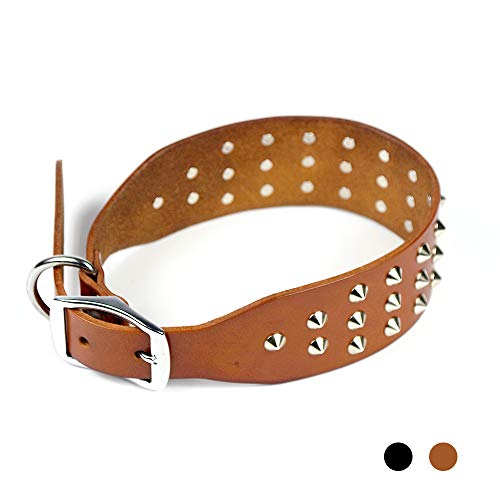 Peshouco Nieten-Leder-Hundehalsband, gepolstertes Hundehalsband, unschädlich, wasserabweisend, strapazierfähiges Leder, für Training und Spaziergänge, L:17-22 inch Neck, braun von PESHOUCO