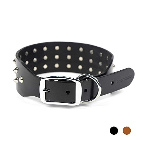 Peshouco Nieten-Leder-Hundehalsband, gepolstertes Hundehalsband, unschädlich, wasserabweisend, strapazierfähiges Leder, für Training und Spaziergänge, L:17-22 inch Neck, schwarz von PESHOUCO