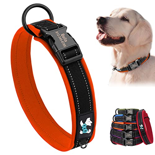 PET ARTIST Personalisierte Benutzerdefinierte weiche gepolsterte Nylon Hundehalsband für kleine mittlere große Hunde, verstellbare Metall Schnalle Haustier Halsband mit reflektierenden (XL, Orange) von PET ARTIST