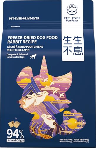 PET-EVER PureFeast gefriergetrocknete Hundeleckerlis, 94% tierisches, gefriergetrocknetes Rohfutter, gesundes Futter mit hohem Proteingehalt und Mahlzeitenmixer für Hunde (Kaninchenrezept – 14 Unzen) von PET-EVER PureFeast