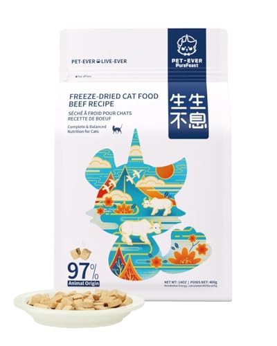 PET-EVER PureFeast gefriergetrocknetes Katzenfutter, 97% tierischen Ursprungs, weiches trockenes rohes Katzenfutter, Katzenleckerli und Toppings (Rindfleischrezept – 400 g) von PET-EVER PureFeast