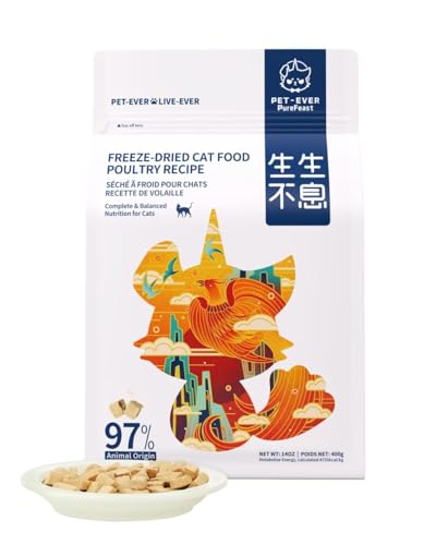 PET-EVER PureFeast gefriergetrocknetes Katzenfutter, 97% tierischen Ursprungs, weiches trockenes rohes Katzenfutter, Katzenleckerli und Toppings (Geflügelrezept – 400 g) von PET-EVER PureFeast