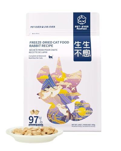 PET-EVER PureFeast gefriergetrocknetes Katzenfutter, 97% tierischen Ursprungs, weiches trockenes rohes Katzenfutter, Katzenleckerli und Toppings (Kaninchenrezept – 400 g) von PET-EVER PureFeast