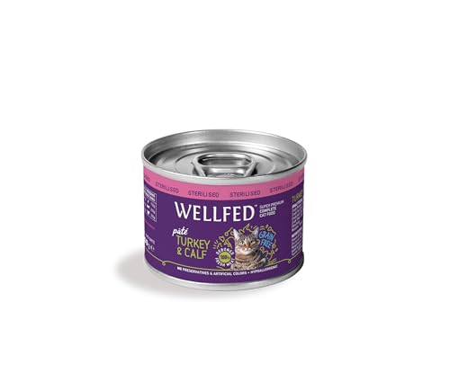 Wellfed - Premium Nassfutter für Katzen - Erwachsene Sterilisierte - Pastete - 97,5% Fleisch - Ohne Getreide - Packung mit 6 (6X 200 g) (Turkey & Calf) von PET-INTEREST LOVE IN ACTION