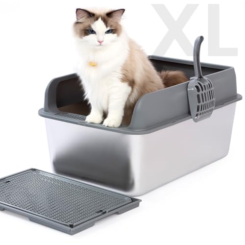 PET MARVEL Katzentoilette aus Edelstahl, Anti-Urin-Leckage XL Katzentoilette mit hohen Seiten, Dunkelgrau von PET MARVEL