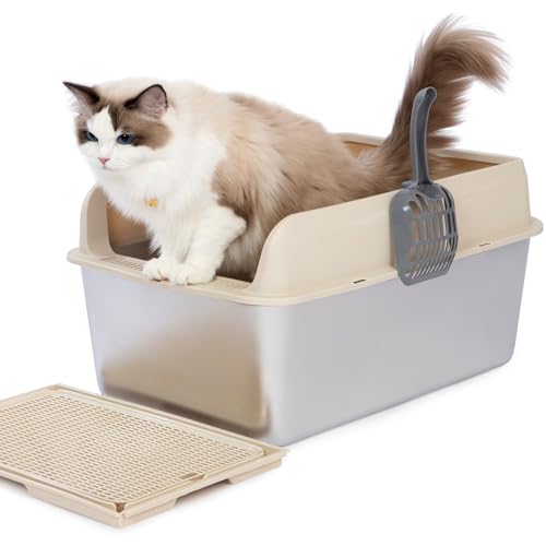 PET MARVEL Katzentoilette Edelstahl Top Entry Metall Katzentoilette mit Deckel Anti-Leckage Nicht klebrig Hohe Seite Extra Große Größe für Großkatzen Inklusive Filtermatte & Schaufel Beige von PET MARVEL