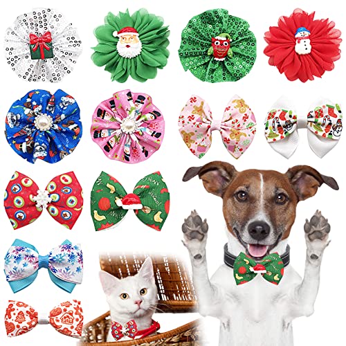 PET SHOW 12 Stück Weihnachts-Halsbänder für kleine Hunde, Blumen, Fliegen für Weihnachten, Urlaub, Party, Kostüme, mittelgroße Hunde, Katzen, Hundehalsbänder, Befestigung, Pflegezubehör von PET SHOW