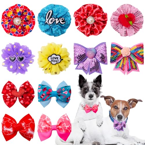 PET SHOW 12 x Valentinstag kleine Hunde Halsband Charms Blumen Fliege für Liebhaber Valentinstag Urlaub Party Kostüme Mittlere Hunde Katzen Hunde Halsbänder Befestigung Fellpflege Zubehör von PET SHOW