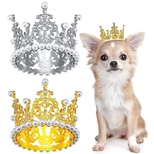 PET SHOW 2 Stück kleine Hunde-Krone Stirnband Welpen Hut für Geburtstag Party Silber Gold Strass Kunstperlen Krone für Jungen Mädchen Hochzeit Haarschmuck Foto Requisite Kostüm Mittlere Große Hunde Haustiere (M) von PET SHOW